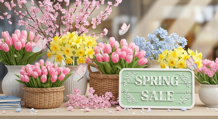 Charming spring sale display featuring tulips, daffodils, and cherry blossoms, creating a delightful and inviting atmosphere for seasonal shopping