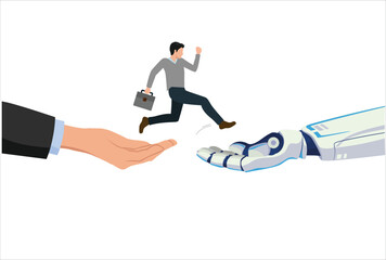 MobileAI adoption or implementation to success, change or transformation using Artificial Intelligence innovation to help business achievement, businessman hold winning flag jump from human hand to AI