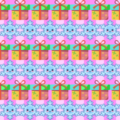Playful seamless pattern fabric print for wrapping and wallpaper tileable design with gifts and snowflakes cheerful environment