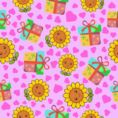 Playful seamless pattern print of sunflowers and gifts on pink background fabric wallpaper for wrapping and tileable design