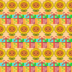 Playful seamless pattern of sunflowers and gifts for fabric wallpaper and print tileable and fun design