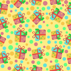 Playful seamless pattern print of gift boxes and bubbles fabric wrapping wallpaper tileable design for cheerful environments