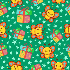 Playful seamless pattern of butterflies and gifts kawaii fabric print for wrapping tileable wallpaper design