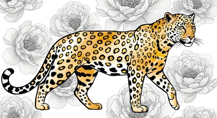 Walking leopard with a monochrome floral background, Modern illustration of a leopard with gray flowers, Color splash effect with a big cat and peonies