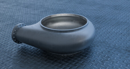 Metallic Pump Volute Casing on Industrial Floor – 3D Render, placed on a rugged industrial checker plate floor