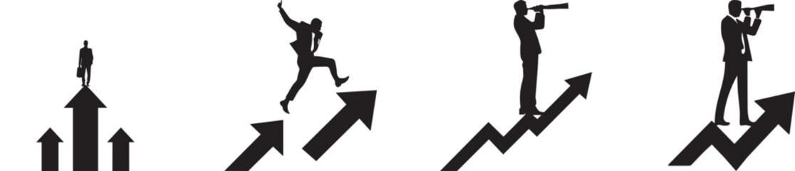 Silhouette of business people standing, climbing and looking through telescope on arrows, black and white vector illustration symbolizing career growth, leadership, success and future vision themes