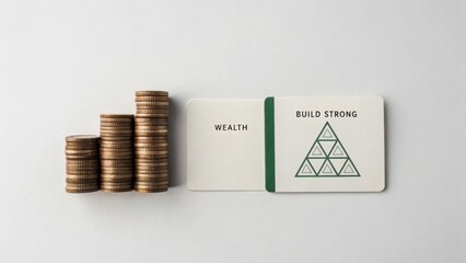 Stacked Coins Representing Wealth with Inspirational Cards for Building Strength and Financial Growth Concepts