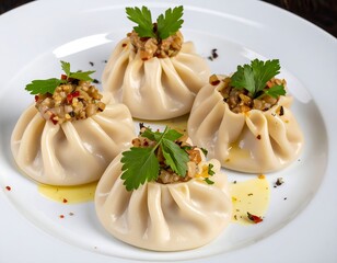 Four steamed dumplings with filling on a white plate