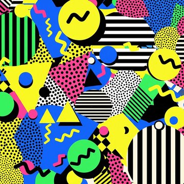Abstract 80s Memphis Style Pattern with Geometric Shapes and Bold Colors