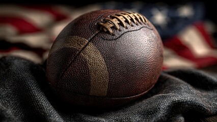 Vintage american football on a dark cloth with us flag background