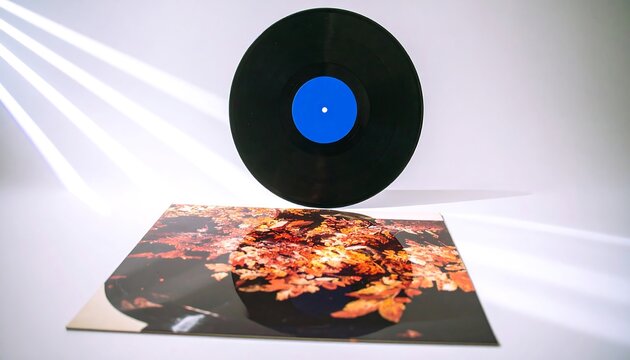 Vinyl Record and Album Cover on White Background with Light