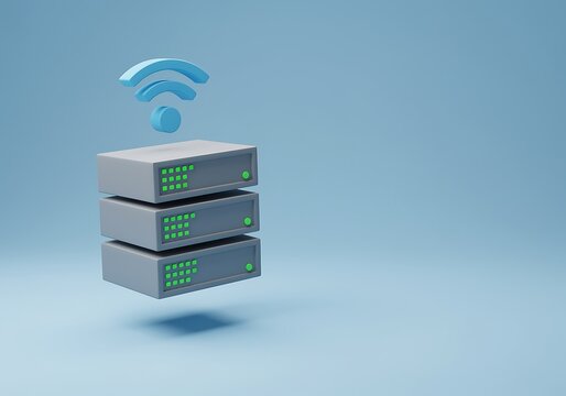 Modern server room data center with wireless technology illustration conveying cloud computing and internet connectivity in a clean design against a plain background
