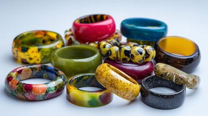 Colorful chunky vintage jewelry made from Bakelite, bold statement accessories, retro style bangles, rings and necklaces, glossy finish, isolated on clean background