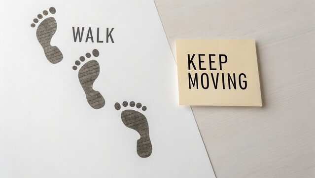 Footprints on paper with motivational message, Encouraging movement and positive mindset for active lifestyle and wellness journeys