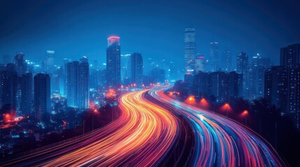 Obraz premium Night City Expressway, lights blurring, urban skyline. Possible use Stock photo