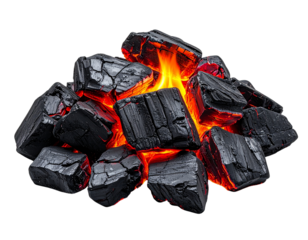 Glowing Pile of Hot Burning Coal with Orange Flames, Isolated on White