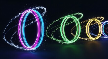 Vibrant Neon Light Trails: Abstract Rings of Energy on Dark Background
