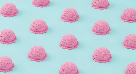 Repeating pattern of pink ice cream scoops on a light blue backg