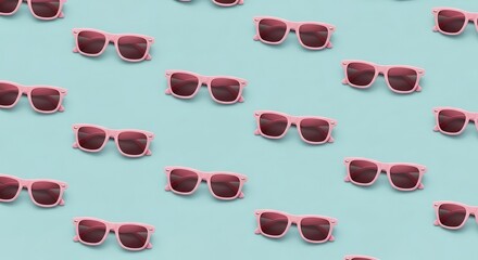 Repeating pattern of pink sunglasses on a light blue background,
