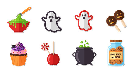 halloween treats stickers of ghosts cupcake cauldron cookies and candies a collection for party invites and scrapbooking layouts