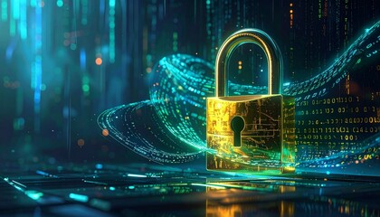 Golden padlock surrounded by flowing digital code, representing cybersecurity, data protection, and online security.