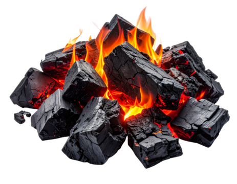 Glowing Pile of Hot Burning Coal with Orange Flames, Isolated on White - Powered by Adobe