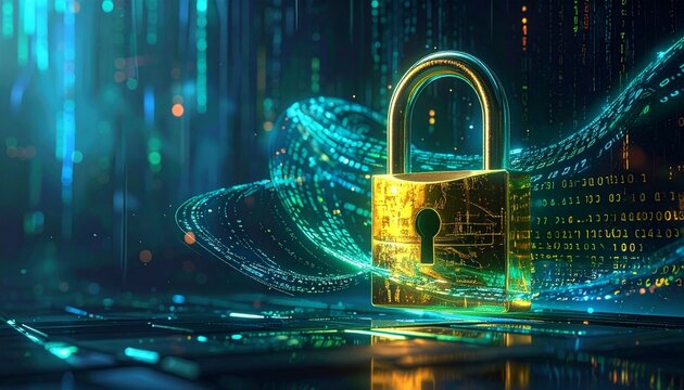 Golden padlock surrounded by flowing digital code, representing cybersecurity, data protection, and online security.