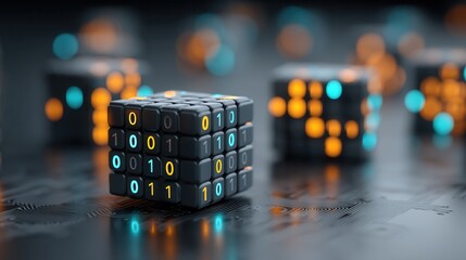 halloween technology concept. Digital cube with binary code on a futuristic background.