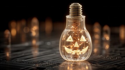 halloween technology concept. Illuminated light bulb with a unique design and circuitry background.