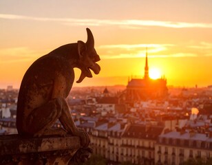 Gargoyle overlooks cityscape at sunset