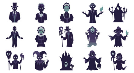 spooky ghosts characters silhouettes collection various spectral figures for halloween creating a chilling  eerie atmosphere in horror designs.