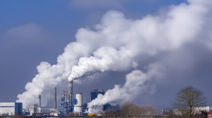 Factory chimneys releasing emissions highlighting industrial pollution environmental impact and the urgency of sustainable energy transition.
