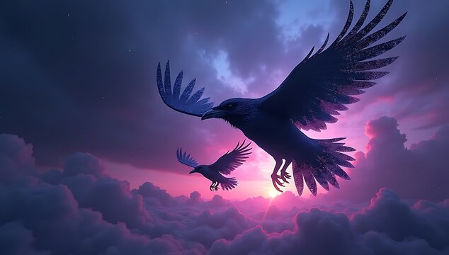 Abstract digital artwork of two glitch-style raven silhouettes flying across a surreal glowing sky, symbolizing wisdom and thought in Norse mythology, without human presence.