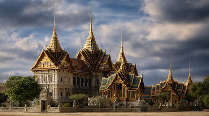 Fototapeta premium Golden Ornate Palace Architecture under Dramatic Cloudy Sky in Thailand