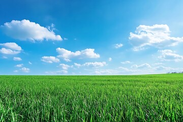 Obraz premium Vibrant Green Field Under a Bright Blue Sky with Fluffy White Clouds on Sunny Day