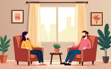 Relaxing in armchairs people in a cozy interior scene. Woman and man resting and chatting in Interior scene with furniture, and house plants. Housewarming vector illustration for card, poster