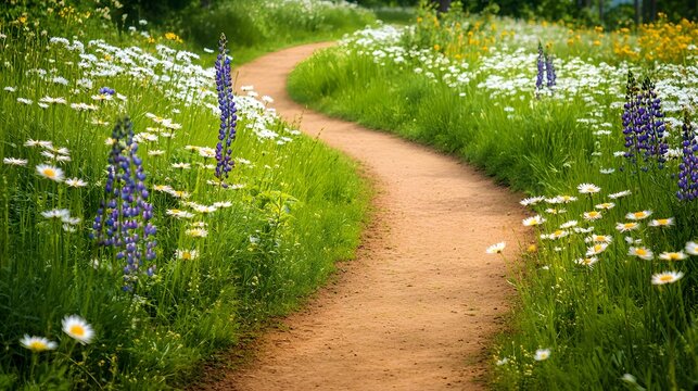 Winding dirt path through bright green meadow lined with wild daisies and lupins 
