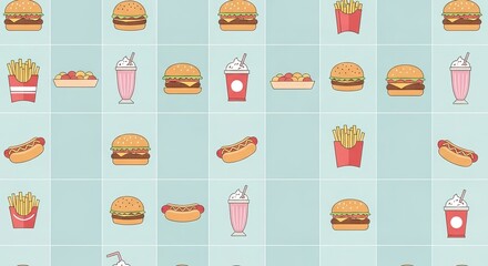 Seamless Fast Food Pattern on Light Blue Background.