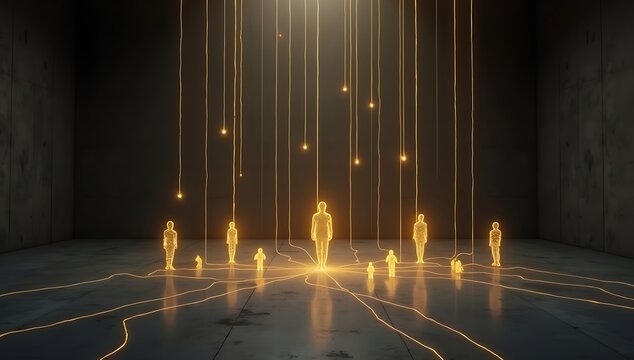 Invisible silhouettes connected by glowing golden threads stretching across a dark empty room, symbolizing unseen human connections and relationships in a realistic abstract style.