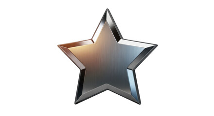 A polished metallic five pointed star shape isolated on transparent background