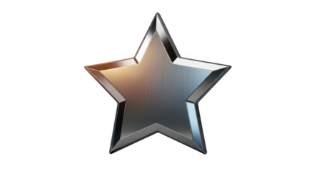 A polished metallic five pointed star shape isolated on transparent background