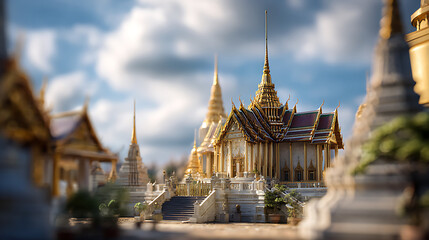 Naklejka premium Grand Palace Temple Complex in Bangkok Thailand Golden Architectural Marvel Under Bright Sky