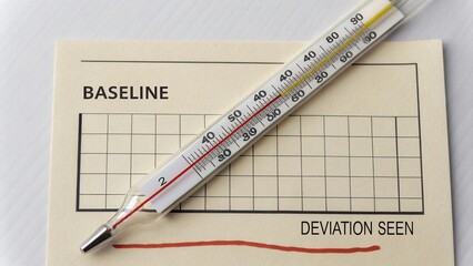 Medical thermometer on chart showing baseline and deviation, emphasizing health monitoring and temperature recording
