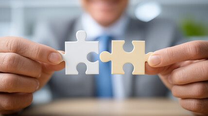 Two puzzle pieces held by hands about to connect, signifying partnership collaboration problem solving and a perfect strategic fit.
