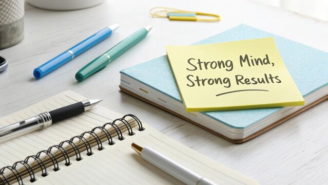 Inspirational Workspace with Notepad and Pens Featuring Strong Mind Strong Results Quote for Motivation and Productivity