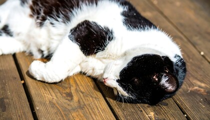 Black and white cat napping on a sunny deck