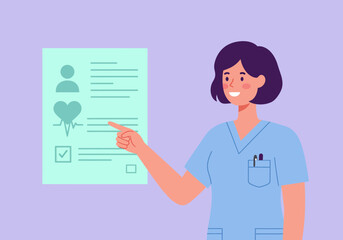Nurse pointing at medical chart healthcare professional explaining patient information medical concept.