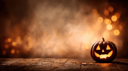 Glowing Halloween Pumpkin on Rustic Wooden Table Surrounded by Warm Bokeh Lights and Mysterious Mist for Spooky Atmosphere
