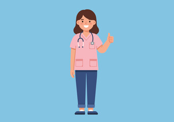 Smiling nurse in pink uniform with stethoscope giving thumbs up gesture.