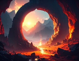 Sunrise through an archway, fiery landscape